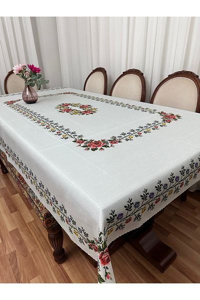 Madame Clean Home Luxury Carefree Stain Resistant Linen Printed Table Cloth 160X220 Red Flower