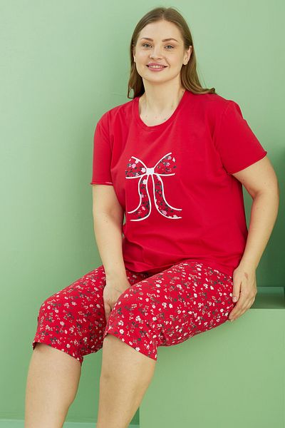 Siyah İnci Κόκκινο μοτίβο Curve Plus Size Oversize Βαμβακερό Κάπρι Σετ 25112788