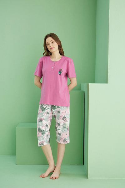 Siyah İnci Costum Capri din bumbac tricotat cu nasturi, cu model trandafir uscat 25112189
