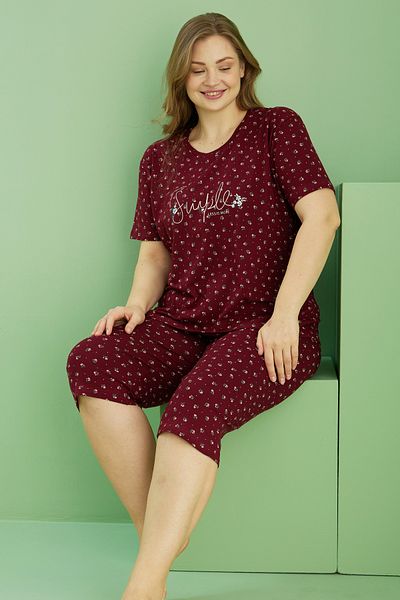 Siyah İnci Costum Capri oversize din bumbac cu imprimeu burgundy Curve Plus Size 25112715