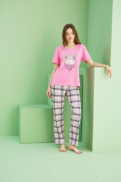 Siyah İnci Σετ πλεκτές πιτζάμες με ροζ σχέδιο Cotton Crew Neck 25117075