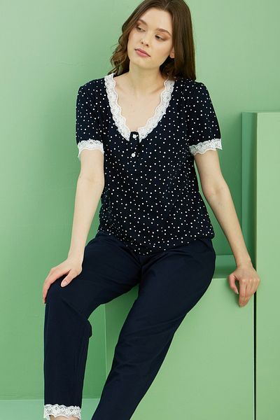 Siyah İnci Navy Blue Patterned V-Neck Button Knitted Cotton Pajamas Suit 25113259