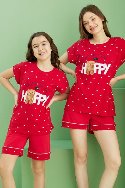 Siyah İnci Red Patterned Cotton Crew Neck Knitted Shorts Suit 25115021