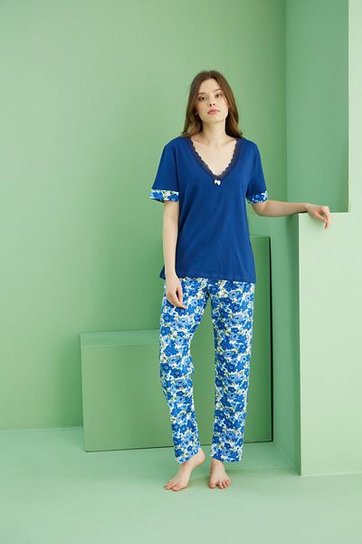 Siyah İnci Saks Pattern V-Neck Knitted Cotton Pajamas Suit 25113253