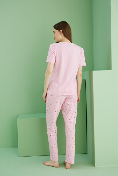 Siyah İnci pembe desenli Pamuklu Bisiklet Yaka Örme Pijama Takım25117077