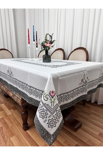 Madame Clean Home Luxury Stain-Resistant Printed Table Cloth 160X220 Gray-Claret Red