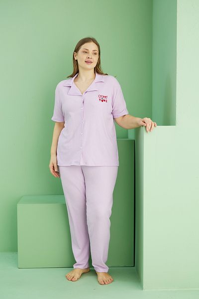 Siyah İnci Lilac Wrinkled Crinkle Fabric Curve Large Size Oversize Buttoned Pajama Set 25118732