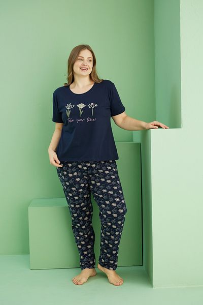 Siyah İnci Σετ πιτζάμες με μπλε μοτίβο Curve Plus Size Oversize Cotton25113751