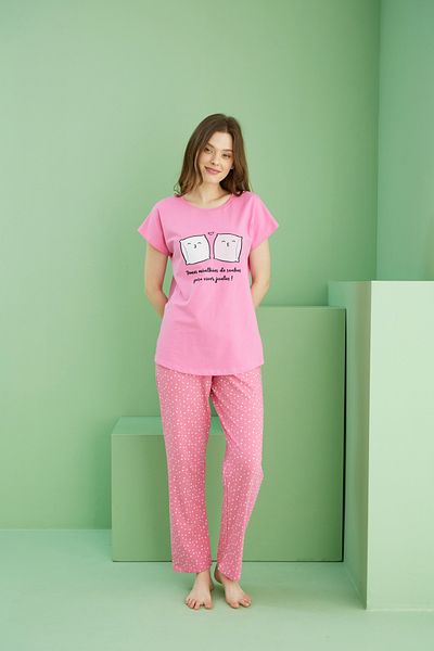 Siyah İnci Σετ πλεκτές πιτζάμες με ροζ σχέδιο Cotton Crew Neck 25117079