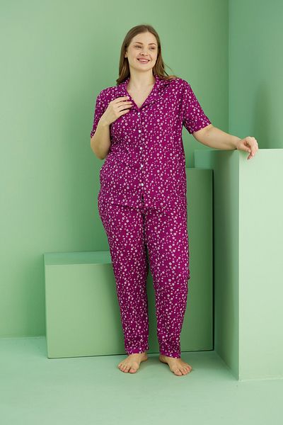 Siyah İnci Cherry Pattern Bürünçük Krın/Gpl Large Size Oversize Buttoned Pajama Set