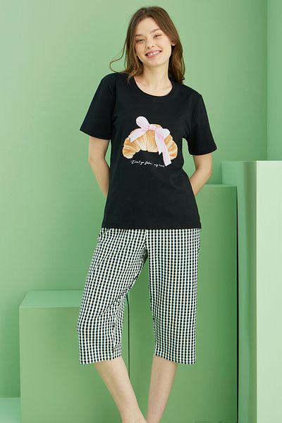 Siyah İnci Black Patterned Crew Neck Knitted Cotton Capri Suit 25112231