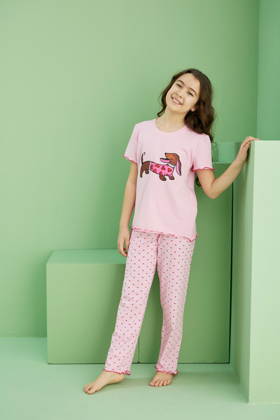 Siyah İnci pembe desenli Pamuklu Bisiklet Yaka Örme Pijama Takım25117064