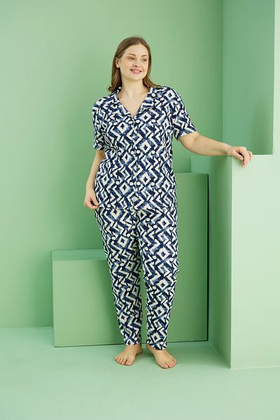 Siyah İnci Navy Blue Patterned Bürümcük Krınkıl Fabric Curve Large Size Oversize Buttoned Pajama Set 25118721