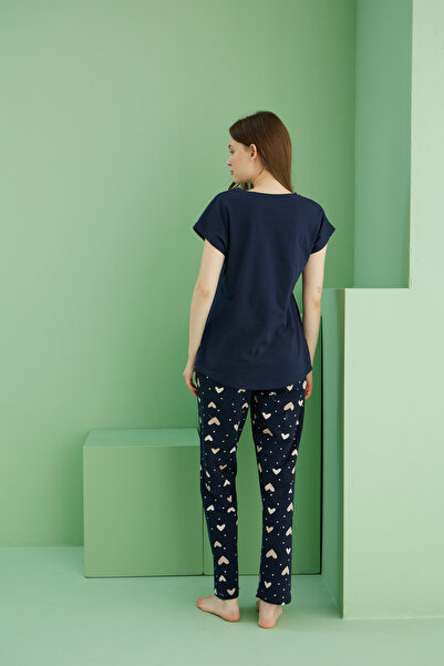 Siyah İnci lacivert desenli Pamuklu Bisiklet Yaka Örme Pijama Takım25117072