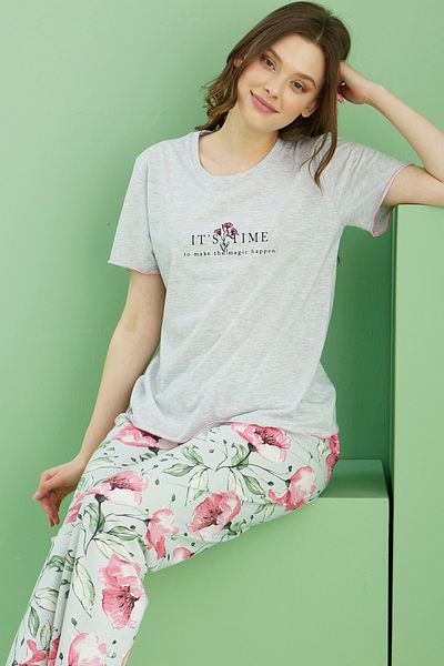 Siyah İnci Gray Melange Patterned Crew Neck Knitted Cotton Pajama Set 25113266