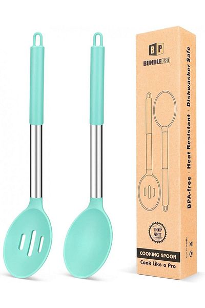 Bundlepro Set De 2 Linguri Pentru Gatit , Otel Inoxidabil/silicon, Argintiu/albastru Deschis