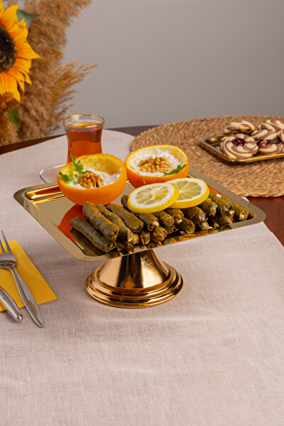 Fiyakalı Ürünler Atölyesi Gold Kare, Ayaklı Şık Kek, Pasta, Kurabiye ve Tatlı Servis Sunum Standı