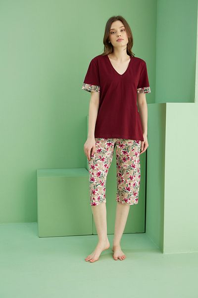 Siyah İnci Costum Capri din bumbac tricotat cu decolteu roșu cu imprimeu visiniu 25112226