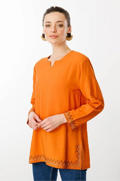 Desen Triko Bluză de damă cu mâneci și broderie pe fustă kaki