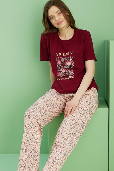 Siyah İnci Set de pijamale din bumbac tricotat cu decolteu roșu cu imprimeu visiniu închis 25113214
