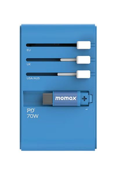 Momax UA18 1-World 70W GaN 3 Ports + Multi Plug Adapter Multi Volt USB-C USB-A - Blue