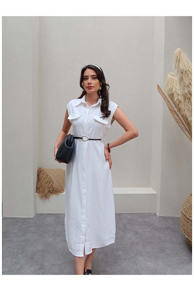 ESRAHELVACI Fabric Dress with Gold Buckle Belt