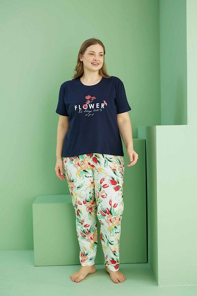 Siyah İnci Navy Blue Patterned Curve Plus Size Oversize Cotton Pajama Set 25113805