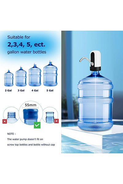 COOYA Portable Water Bottle Pump, 5 Gallon Universal Bottle Electric, with Switch and USB Charging (White)