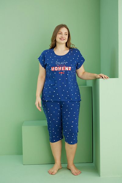 Siyah İnci Navy Blue Patterned Curve Plus Size Oversize Cotton Capri Suit 25112726