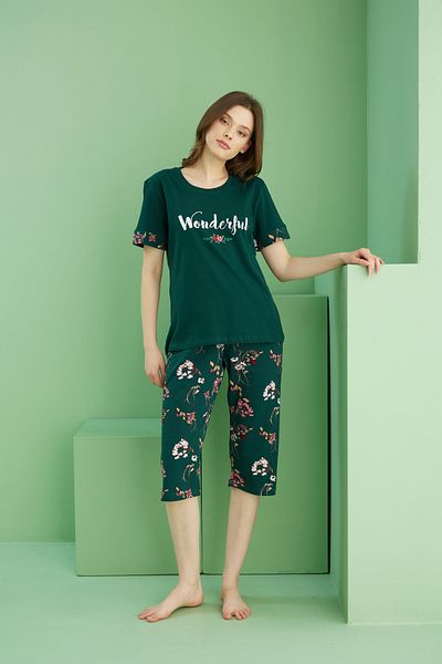 Siyah İnci Green Patterned Crew Neck Knitted Cotton Capri Suit 25112222