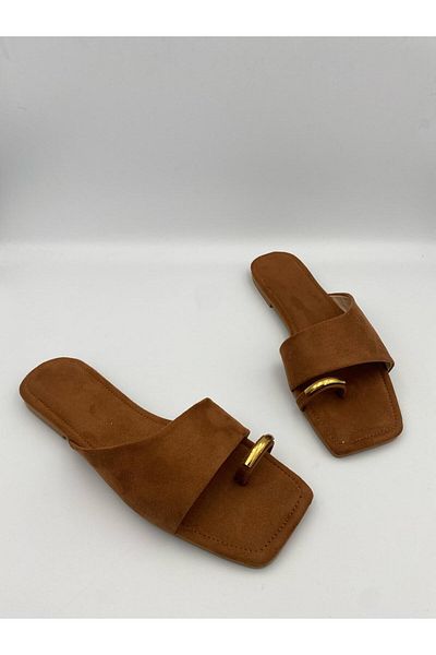 Ömer Ediz Shoes Moscow Women's Suede Flat Flip Flops – Comfortable Daily Summer Slippers with Gold Accessories