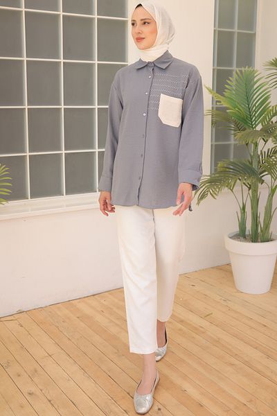 giyze Embroidery Detailed Pocketed Shirt Gray 2061