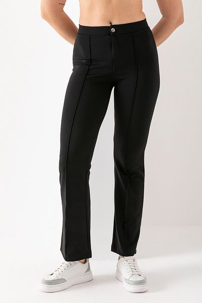 EtkiModa Women's Black Front Stripe Detailed Spanish Leg Crepe Trousers