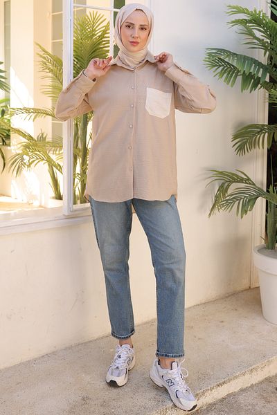 giyze Embroidery Detailed Pocketed Shirt Mink 2061