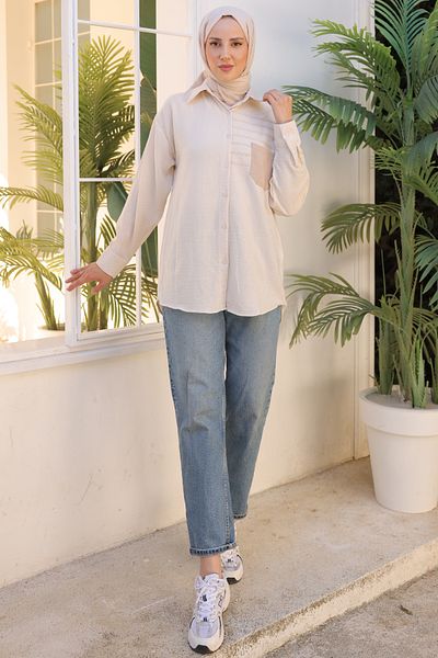 giyze Embroidery Detailed Pocketed Shirt Beige 2061