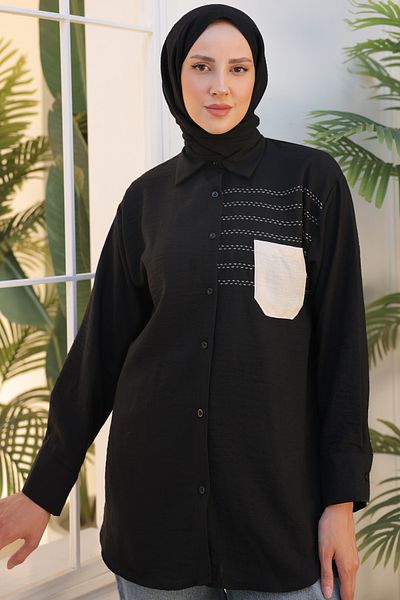 giyze Embroidery Detailed Pocketed Shirt Black 2061