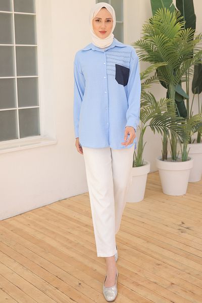 giyze Embroidery Detailed Pocketed Shirt Light Blue 2061