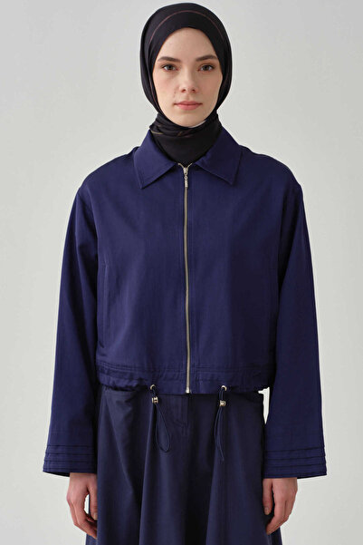 Tuğba Bel Lastikli Crop Ceket - İndigo