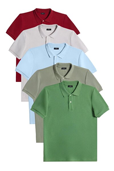 Tudors Men's 5-Pack Burgundy-Grey-Blue-Khaki-Grass Green Slim Fit Cotton Plain Pique Polo Neck T-Shirt