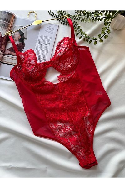La Linaa Elanor Red Snap Fastener Δαντελένιο Διαφανές Ολόσωμο Σουτιέν