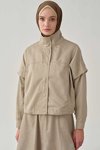 Tuğba Beli Lastikli Crop Ceket - Taş