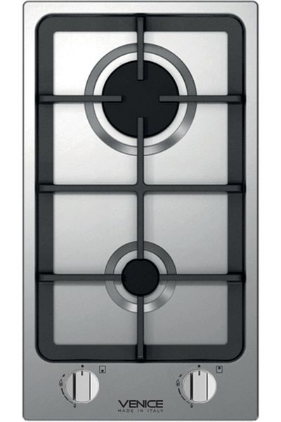 Venice 30 cm gas hob, 2 burners, heavy grate, electric self-ignition, safety valve, front switches, made in Italy