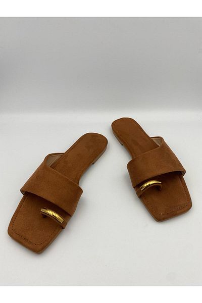 Ömer Ediz Shoes Moscow Women's Suede Flat Flip Flops – Comfortable Daily Summer Slippers with Gold Accessories