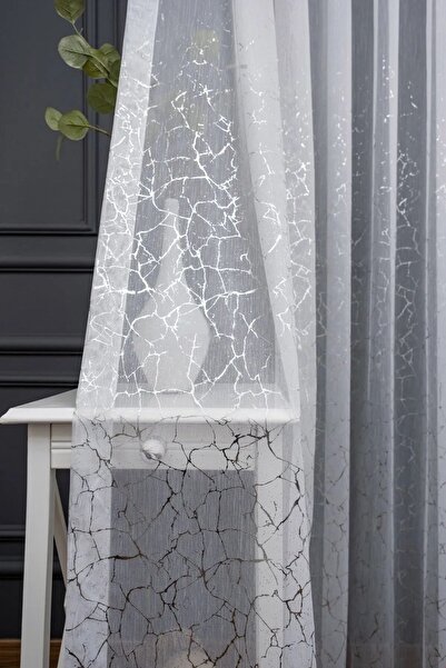 farbateks Silver Gray Marble Patterned - Rustic Eyelet Tulle Curtain with Glitter Leaves