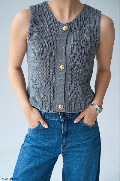 CADDELAMODA Women's Crew Neck Thessaloniki Knitted Gold Buttoned Knitwear Vest