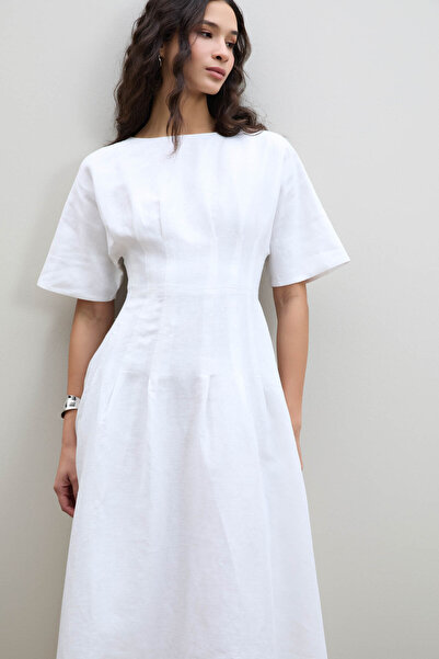 Serianno %100 Keten Pili Detaylı Elbise