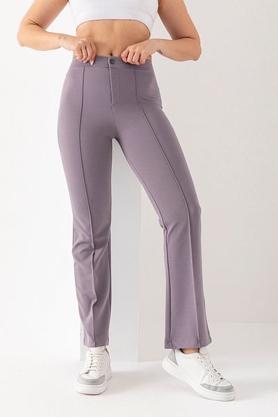EtkiModa Women's Gray Front Stripe Detailed Spanish Leg Crepe Trousers