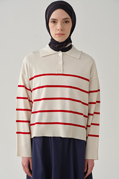 Tuğba Çizgili Triko Bluz - Ekru
