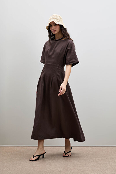 Serianno %100 Keten Pili Detaylı Elbise