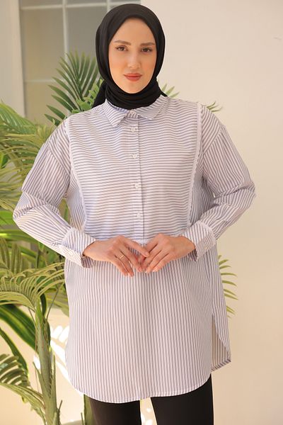 giyze Lace Detailed Striped Loose Shirt White 2101